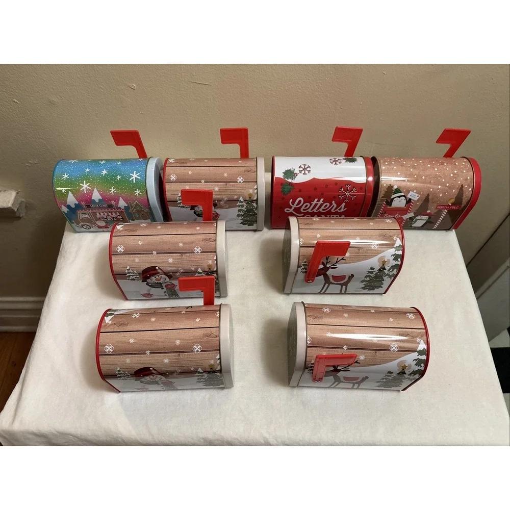 Lot of 8 Christmas Holiday Decorative Tin Mini Mailboxes Santa Reindeer Snowman